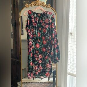 NWT One Sleeved Misa Red  Black Floral Hot NOTTA DRESS Mini w Silver Detail